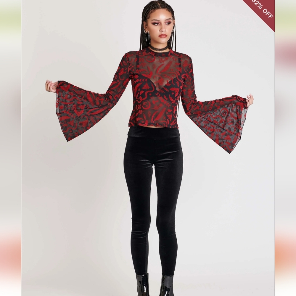 Midnight Hour Creatures Flocked Mesh Bell Sleeve Top - Picture 4 of 5